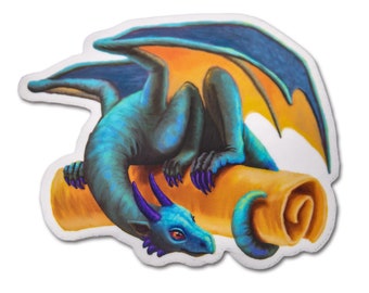 May include: A blue and yellow dragon curled around a rolled-up scroll. The dragon has purple horns and claws.