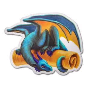 Wise Dragon Sticker~ Blue Dragon with Scroll~ vinyl sticker for journal laptop water bottle~ Fantasy Sticker