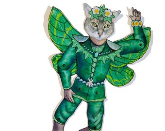 Printable Paper Doll~ Cat Fairy Prince~ Articulated Paper Doll~ PDF Digital Download~ Green Fairy Doll