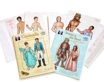 Fairy Tale Paper Dolls 2 pack: Cinderella Paper Dolls- Beauty & the Beast Paper Dolls- Fashion dolls~ Indoor Activity