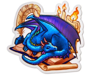 Dragon Sticker~ Book Dragon With Candles~ Blue Dragon~ Vinyl Planner Sticker~ Laptop Sticker