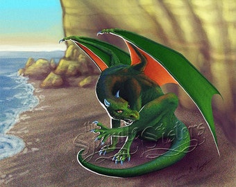 Green dragon by the seaside, fantasy art print, wall art, dragon art, home decor 8x10"