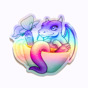 Teacup Dragon Sticker~ Iridescent Baby Dragon~ Holo Sticker~ Vinyl sticker for laptop journal water bottle
