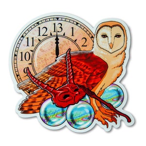 May include: A colorful illustration of an owl with a clock face behind it. The owl has red and orange feathers and a white face with black eyes. The clock face has Roman numerals and a black hand pointing to the number 13. There are three iridescent orbs in the foreground.