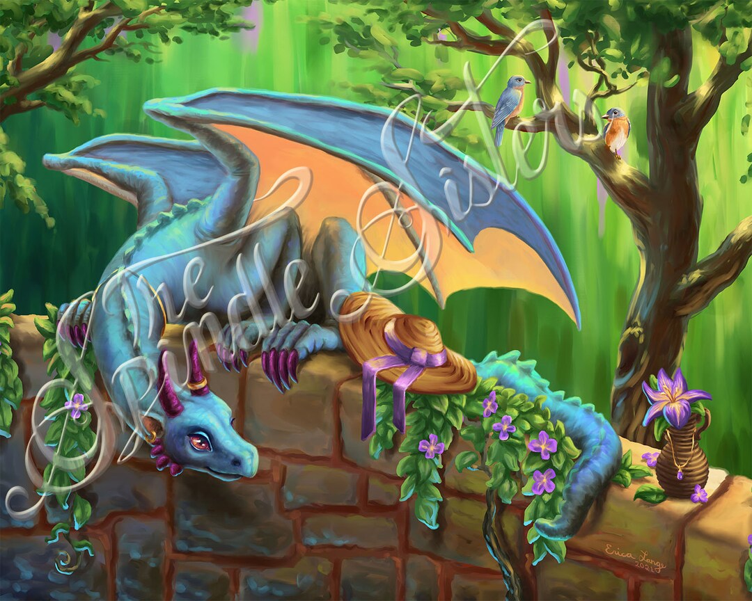 Garden Dragon Art Print~ Blue Dragon~ Still Life~ Sleeping Dragon ...