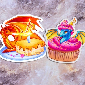 Birthday Dragon Stickers~ 2 Sticker Pack~ Vinyl Stickers for water bottle, journal, laptop, Cute Dragons~ Sticker Bundle