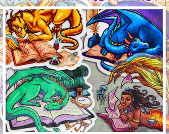 Choose Any 4 Book Lover Stickers Bundle~ Book Dragon~ Mermaid Stickers~ Vinyl Fantasy Stickers~ Water Bottle Stickers~ Laptop Stickers~