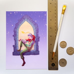 Elf and dragon postcard, original fantasy art, 5x7 image 1