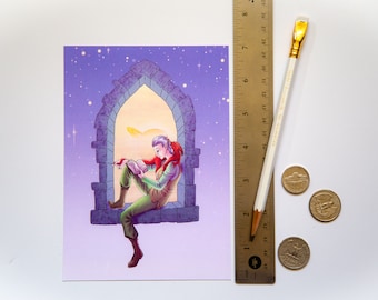 Elf and dragon postcard, original fantasy art, 5x7"