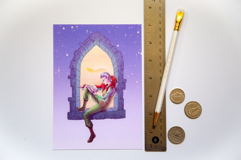 Elf and dragon postcard, original fantasy art, 5x7 image 1