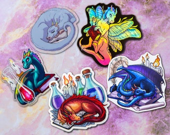 Book Dragons 5 Stickers~ Sticker Pack~ Library Dragon~ Vinyl Stickers for water bottle, journal, laptop, Sticker bundle~ Dragon Reads