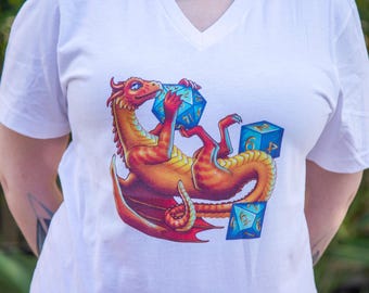 DnD-Dragon shirt, Dice Dragon, D20 shirt, Playful Dragon, Unisex Short Sleeve V-Neck T-Shirt