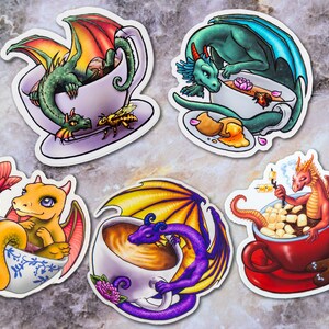 Tea Dragon Stickers~ Dragon Sticker Pack~ Teacups and coffee~ Laptop stickers~ Vinyl stickers~ Water bottle Stickers~ Fantasy Bundle