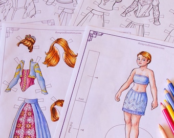 May include: A printable paper doll set featuring a young woman with short brown hair. The doll has a blue strapless top, a blue and white skirt, and a doll stand. The set includes various outfits and accessories to dress the doll.