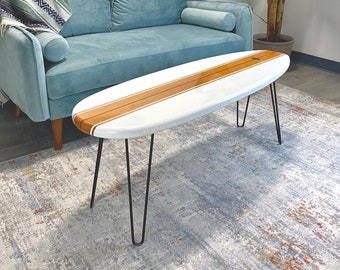 White and Wood Grain Surfboard Coffee Table