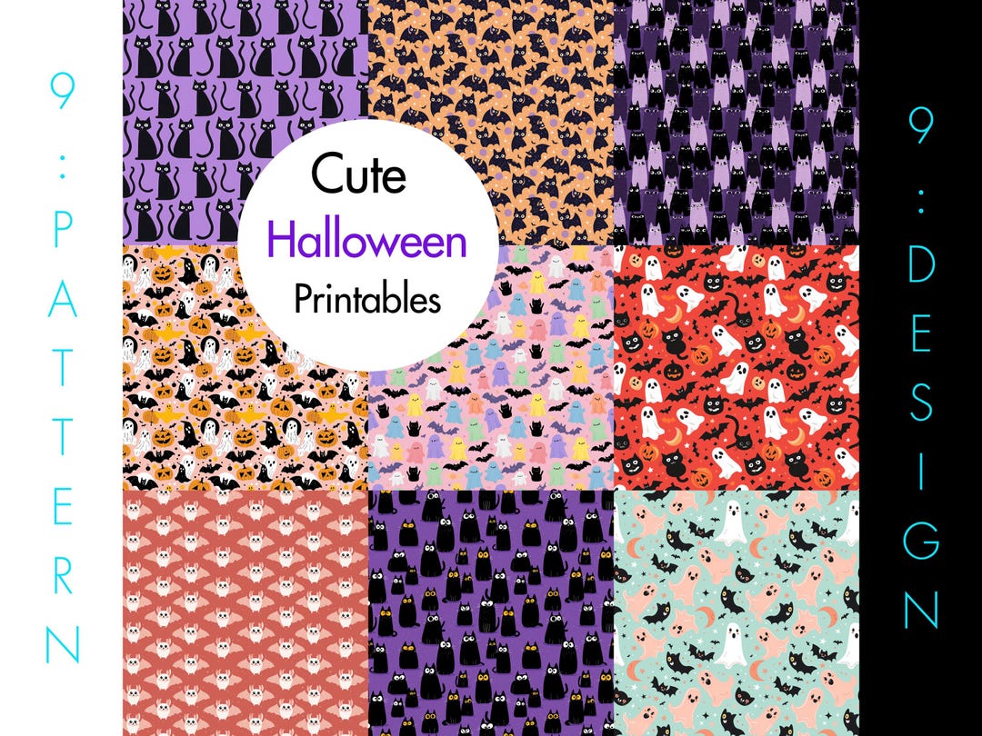 Halloween Digital Paper Pack – Cute Black Cat, Ghosts, Pumpkins, Bats ...