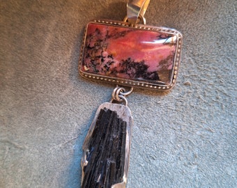 Rhodonite and Black Raw Tourmaline Pendant