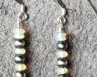 Delicate Navajo Pearl and Ethiopian Opal Beaded Dangle Earrings