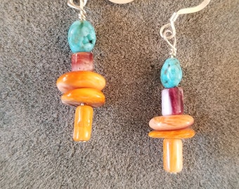 Turquoise and Spiny Oyster Beaded Dangle Earrings