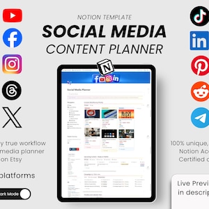 Planejador de Conteúdo para Mídias Sociais - Modelo para Notion | Rastreador de Fluxo de Trabalho (Download Digital)