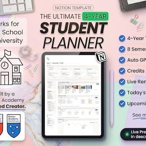 Może przedstawiać: Cyfrowy szablon Notion dla 4-letniego planera studenckiego wyświetlony na tablecie. Interfejs pokazuje śledzenie semestrów, obliczanie średniej ocen i listy zadań. Tekst zawiera 'The Ultimate 4-Year Student Planner' oraz 'Works for High School'.