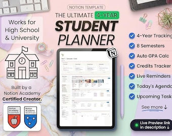 Student Planner Notion Template | 4-Year University Dashboard | 8-Semester Academic Weapon | Assignment Tracker for College and high scho