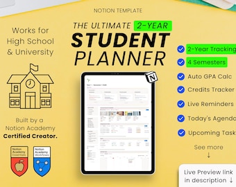 Student Planner Notion Template | 2-Year Academic Weapon University Dashboard | 4-Semester Assignment Tracker, Exam Prep & Grade System