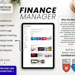 May include: A digital finance manager Notion template displayed on a tablet screen. The interface features sections for live balance, budget tracking, income logs, expense tracking, sinking funds, savings goals, and auto reports with text details.