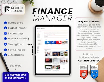 Notion Finance Manager | Automated Budget Tracker, Expense Log, Savings Goals
