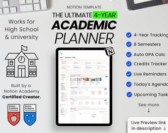 Notion Student Planner Template | 4-Year University Dashboard | 8-Semester Academic Weapon | All in One for College and high school Tracker