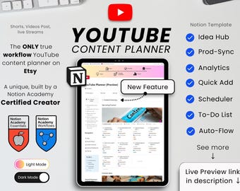 YouTube Content Planner Notion Template, Content Organizer (Digital Download)