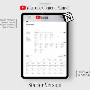 Puede incluir: Una tableta negra muestra una plantilla de planificador de contenido de YouTube. La pantalla muestra una plantilla de Notion con un calendario e ideas de contenido. El texto incluye: "Un sistema limpio y fácil de usar para organizar tus shorts, vídeos, publicaciones y transmisiones en vivo."