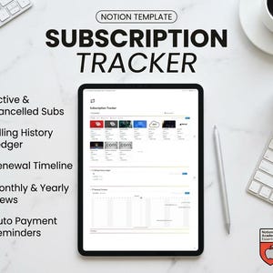 Puede incluir: Una plantilla digital de Notion para un rastreador de suscripciones en la pantalla de una tableta. La interfaz incluye secciones para suscripciones activas y canceladas, un registro de historial de facturación, una línea de tiempo de renovación y recordatorios.