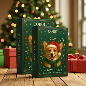 Op de afbeelding: Twee groene dozen met een kerstthema. De dozen tonen een corgi met een kerstmuts en sjaal. Tekst op de dozen luidt "CORGI", "2025", "24 DAYS OF JOY" en "SHORT LEGS, BIG JOY". De achtergrond bevat een kerstboom en ingepakte cadeaus.
