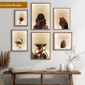 May include: A collection of framed art prints with inspirational quotes and illustrations. The prints feature images of a woman, a flower, and hands, with text from the Bible. The color palette includes brown, beige, and gold tones. The text "Rooted in Faith Bundle" is at the top.