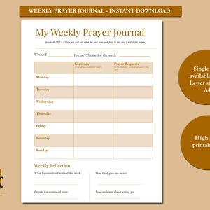 Op de afbeelding: Een afdrukbaar wekelijks gebedsdagboek met een beige achtergrond. Het dagboek bevat secties voor dankbaarheid, gebedsverzoeken en wekelijkse reflectie. Tekst bevat "Weekly Prayer Journal - Instant Download" en "My Weekly Prayer Journal."