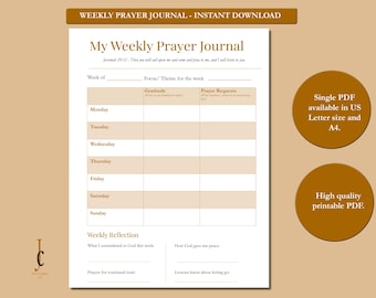 Diario semanal de oración cristiana: registro de oración imprimible, hoja de trabajo para el estudio bíblico, página de planificación de la fe, registro de peticiones de oración, etc.