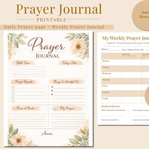 Op de afbeelding: Een afdrukbaar gebedenboek met een bloemmotief. Het boek bevat een dagelijkse gebedspagina en een wekelijks gebedenboek. De pagina's hebben secties voor bijbelverzen, gebedsverzoeken en dankbaarheid. Een wekelijks journaal en een christelijke kunstset zijn inbegrepen.