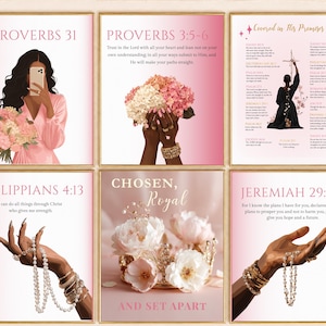 Peut inclure: Un ensemble de six affiches murales présentant des dégradés roses, des compositions florales et des textes religieux. Les illustrations incluent des personnages tenant des fleurs, une personne tenant une croix, des mains ornées de perles et de bracelets dorés, et une couronne.