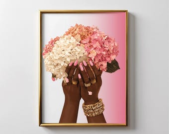 Black Girl Pink Flower Art Print, Digital Download, Home Decor, Office Decor