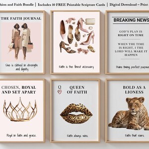 Könnte beinhalten: Ein Set aus sechs gerahmten Kunstdrucken mit inspirierenden Themen. Die Drucke zeigen Modeillustrationen, Text und eine Löwin. Der Text enthält Sätze wie "The Faith Journal" und "Breaking News."