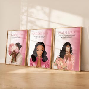 Psalm 139, Kristen väggkonstpaket med svarta flickor, rosa bibelverstryck, Ordspråksboken 3:5-6, Filipperbrevet 4 13, Trosbaserad heminredning