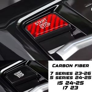 May include: Close-up of a car's engine start/stop button. The button is red with a carbon fiber pattern and the words "START ENGINE STOP" in white. The image also shows a black button with the same text and a list of car series and years.
