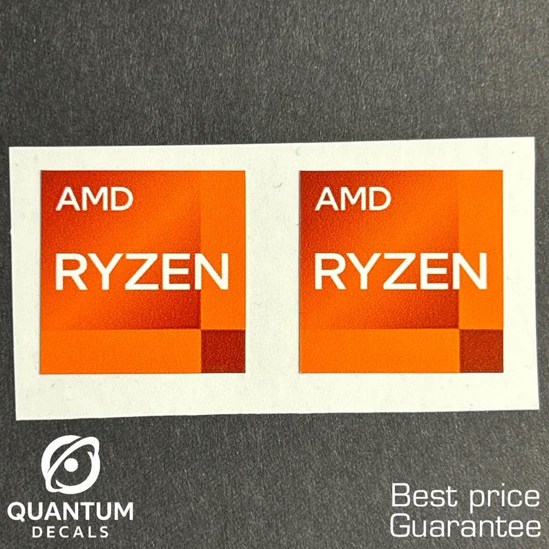 May include: Two square stickers featuring the AMD Ryzen logo. The logo is white text on a gradient orange background. The stickers are on a white background with the text "QUANTUM DECALS" and "Best price Guarantee".