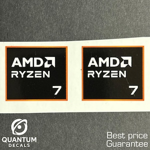May include: Two black AMD Ryzen 7 decals with white text and an orange border. The decals are on a gray background. The bottom of the image has the text "QUANTUM DECALS" and a logo.