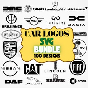 May include: A collection of car logos in black and white, including brands like Porsche, Mini, and Lamborghini. The image features a yellow banner with the text "CAR LOGOS SVG BUNDLE 100 DESIGNS."