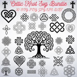 Puede incluir: Una colección de diseños de nudos celtas negros, que incluyen corazones, cruces e ilustraciones del árbol de la vida. El texto "Celtic Knot Svg Bundle" se muestra en escritura roja. El paquete incluye 30 archivos SVG, PNG, JPG, EPS y DXF.