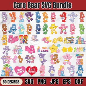 以下が含まれることがあります： 様々なポーズとスタイルで、カラフルなケアベアのデザインを集めた画像です。「Care Bear SVG Bundle」、「Love is Love」、「Beary Besties」、「We Care」、「Bestie Fest」の文字が含まれています。「50 Designs」とファイルタイプの略語も含まれています。