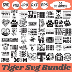 Puede incluir: Una colección de 50 diseños SVG con temática de tigre en blanco y negro. Los diseños incluyen caras de tigre, huellas de patas, texto y patrones. Las palabras "Tigers", "Football", "Pride" y "Mom" están presentes. La imagen también incluye el texto "Tiger SVG Bundle".