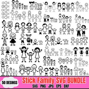 Puede incluir: Un paquete SVG en blanco y negro con familias de palitos en varias poses. La imagen incluye familias tomadas de la mano, con mascotas y con niños. El texto en la parte inferior dice "50 DESIGNS Stick Family SVG BUNDLE".